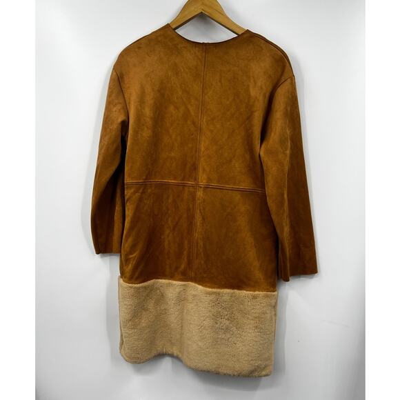 Zara Coat Womens Cognac Suede Oversized with Faux Fur‎ Trim Size Small - Picture 6 of 6